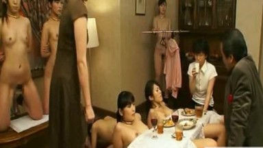 Bizarre Japanese nudist bondage dining room slaves